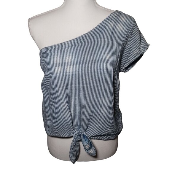 Bella Dahl One-Shoulder Tie Front Blue/White Striped Cotton Blouse S - Picture 5 of 12